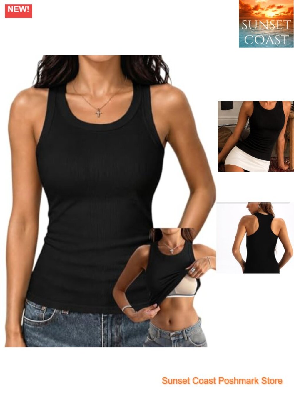 Racerback Tank Top with Built-in Bra, Cotton Ribbed Fitted Going Out Top